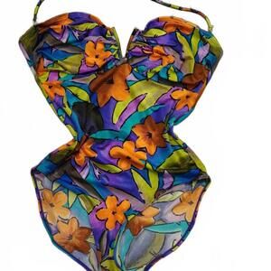 Vtg 80s Linea Mare One Piece Swimsuit  Made in Canada Tropical Floral Neon